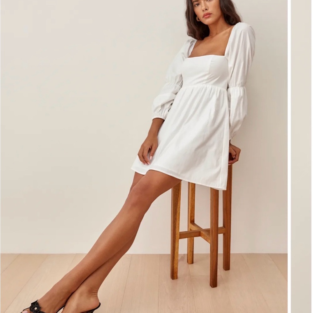Reformation White Mini Dress with Puff Sleeves